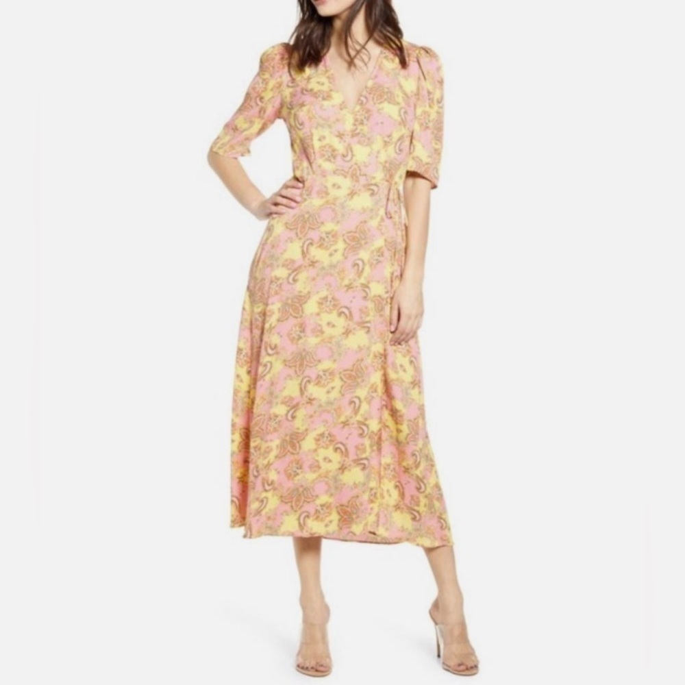 AFRM Hughes Paisley Print Midi Wrap Dress Yellow & Pink Sz Extra Small